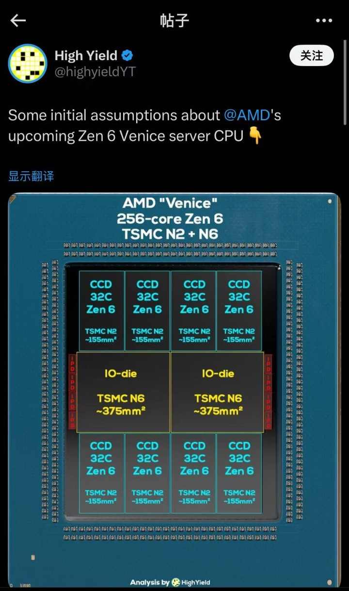 AMD霄龙Venice处理器:256颗Zen 6C核心、1GB L3缓存(图1) AMD霄龙Venice处理器:256颗Zen 6C核心、1GB L3缓存(图1)