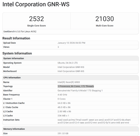 Geekbench平台已出现至强6处理器Xeon 698X跑分数据(图2)