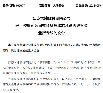 大港股份子公司建滤波器芯片封装专线 投资4500万元抢占国产替代市场(图1)