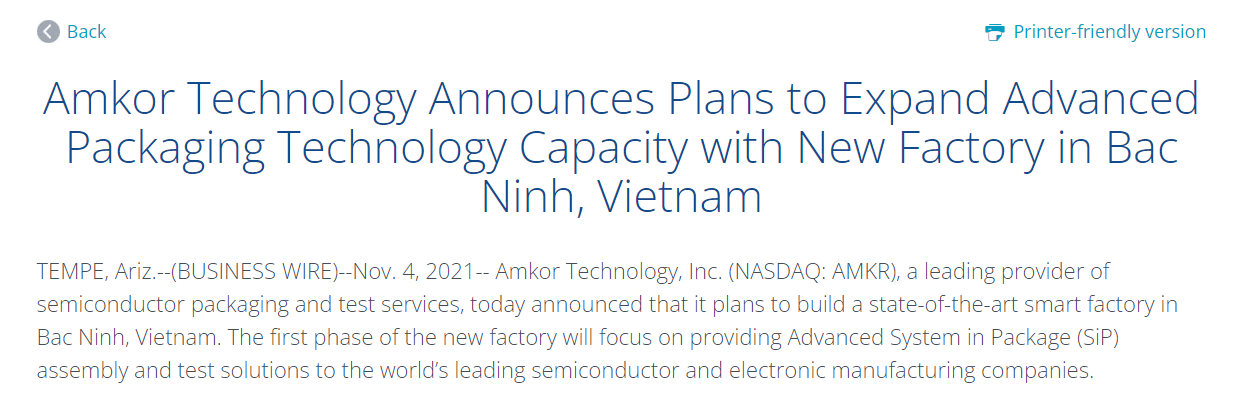Amkor计划在越南建智能封测工厂 投资2-2.5亿美元(图1) Amkor计划在越南建智能封测工厂 投资2-2.5亿美元(图1)