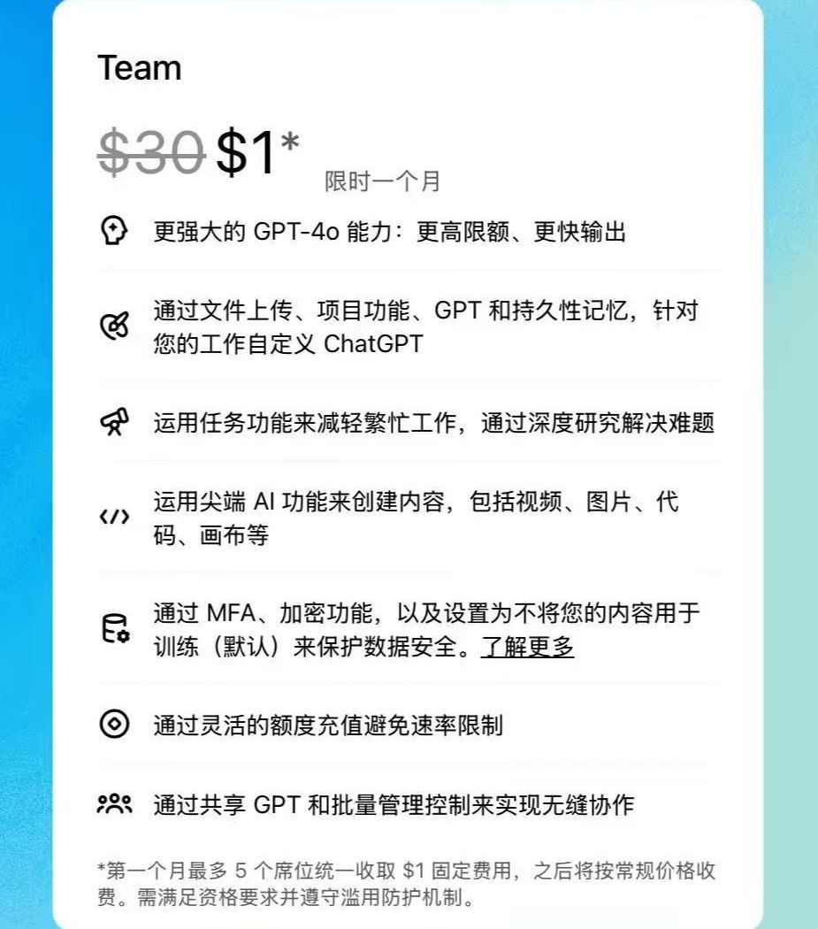 首月 1 美元，ChatGPT Team 会员美区 / 英区 / 欧洲区 / 澳洲区迎优惠