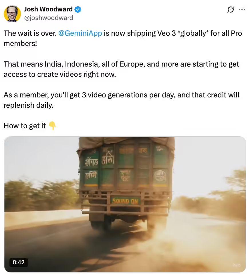 谷歌Veo3 AI文生视频模型正式开放，Pro会员每日限3段